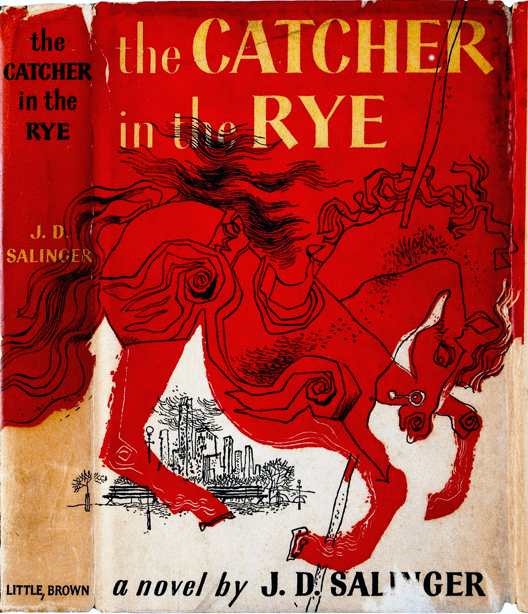 An image of the book cover for The Catcher in the Rye, which is a large red horse on a cream-colored background.