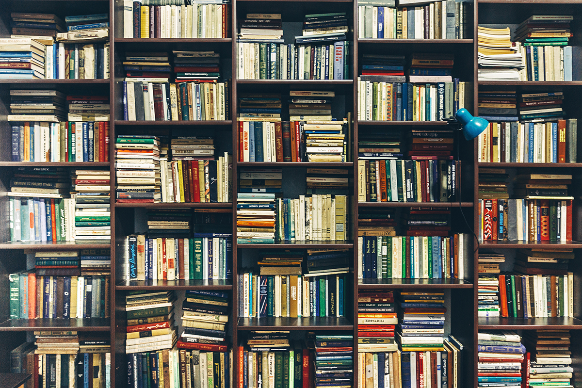 An image of bookshelves stacked with books