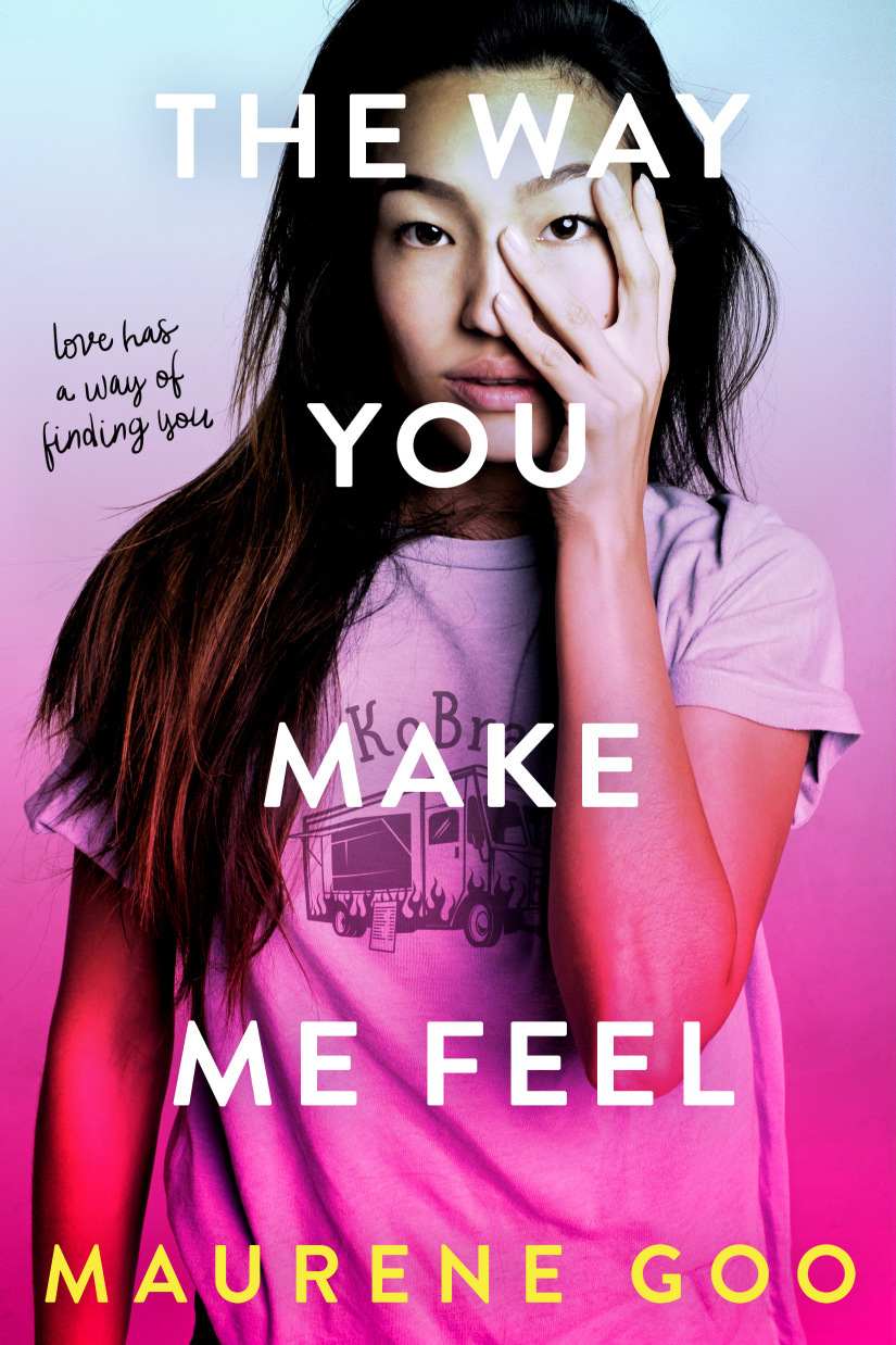 book cover of main character in front of pretty gradient pink and blue background.