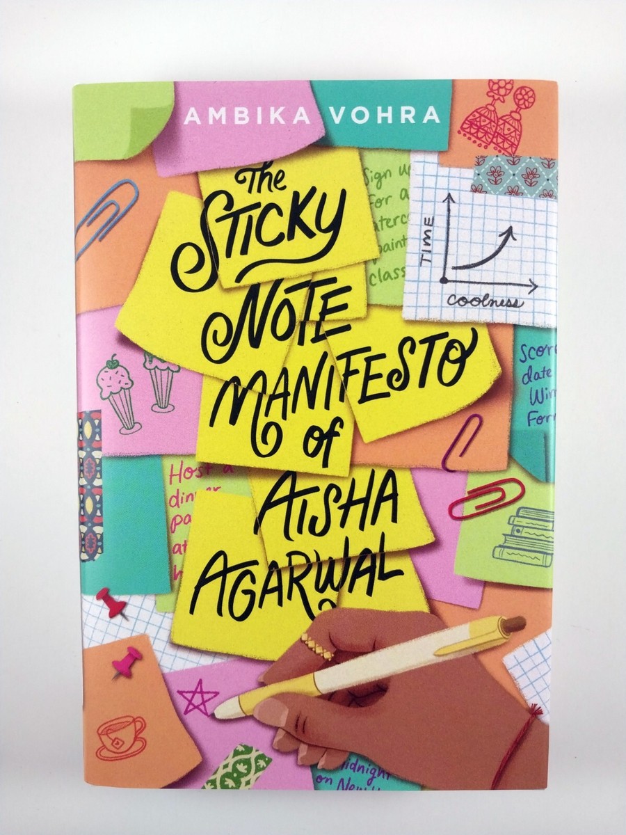 A beautiful book cover featuring colorful sticky notes and the novel title.